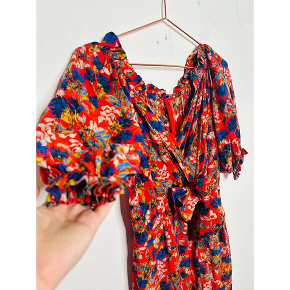 SALONI Red Floral Flame Azalea Olivia Tie-Waist 100% Silk Ruched Ruffles Dress 6 - Picture 15 of 16